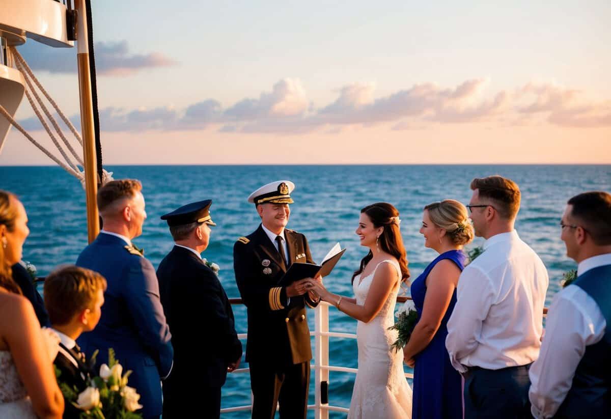 A ship's captain officiates a wedding ceremony on the deck of a boat, surrounded by the open sea and a beautiful sunset