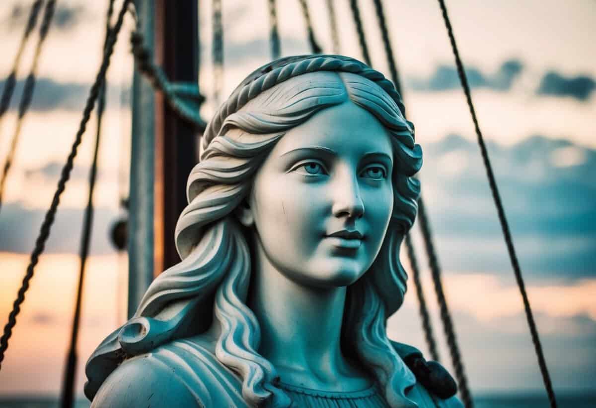 A figurehead of a young woman with flowing hair and a serene expression adorns the front of a ship, her gaze fixed ahead