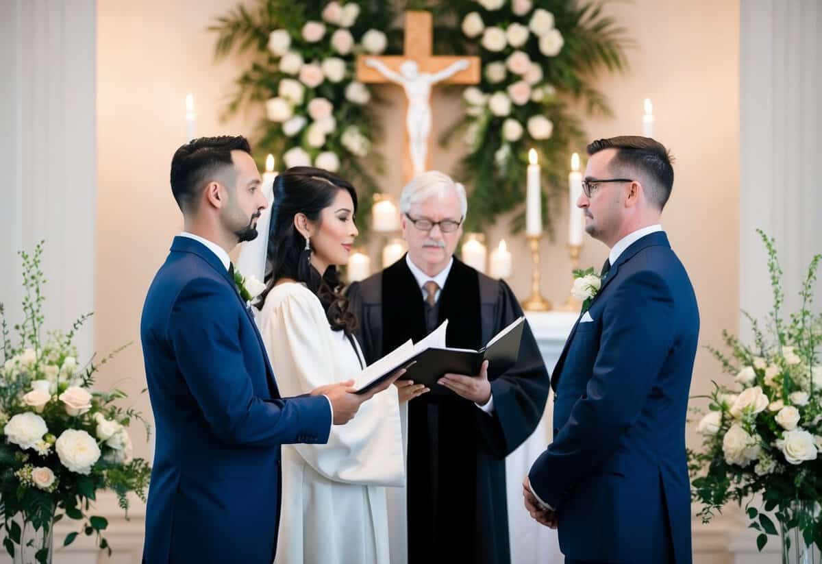The officiant's vows begin with a solemn and dignified tone, as they stand at the altar with a serene backdrop of flowers and candles