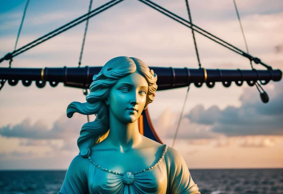 A figurehead of a graceful female form adorns the front of a majestic ship, her flowing hair and billowing dress capturing the power and beauty of the sea