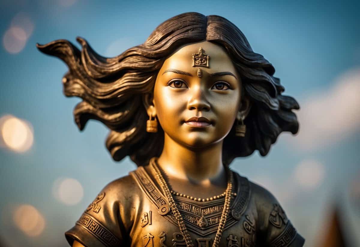 A figurehead of a young girl with flowing hair and a determined expression, adorned with cultural symbols and linguistic motifs