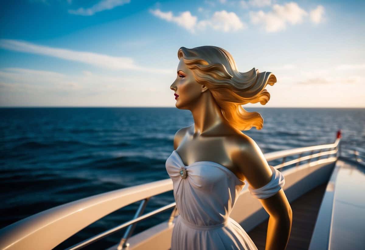 A figurehead of a woman in a flowing dress and windswept hair adorns the front of a sleek, modern ship, gazing out over the open sea