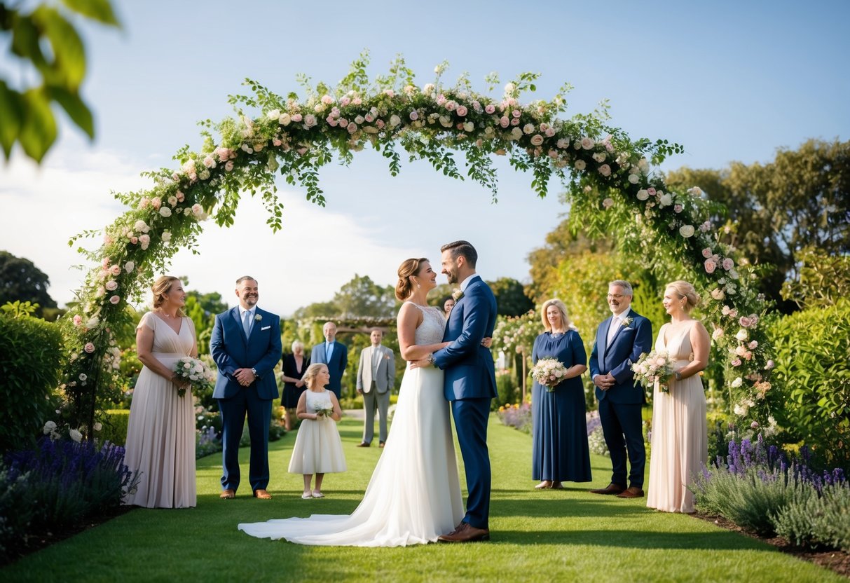 A couple stands under a flower-covered arch in a lush garden, surrounded by family and friends. The sky is clear, and a gentle breeze rustles the leaves