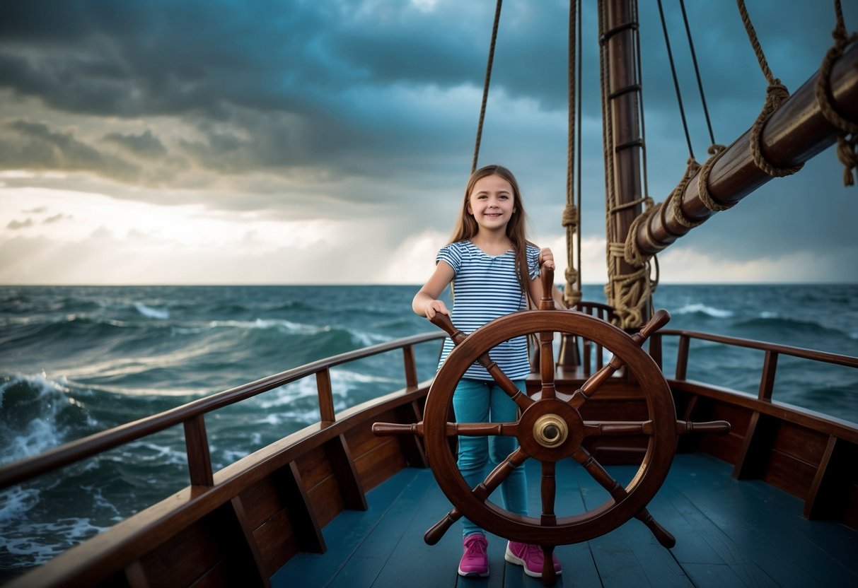 A young girl confidently steers a ship through stormy seas