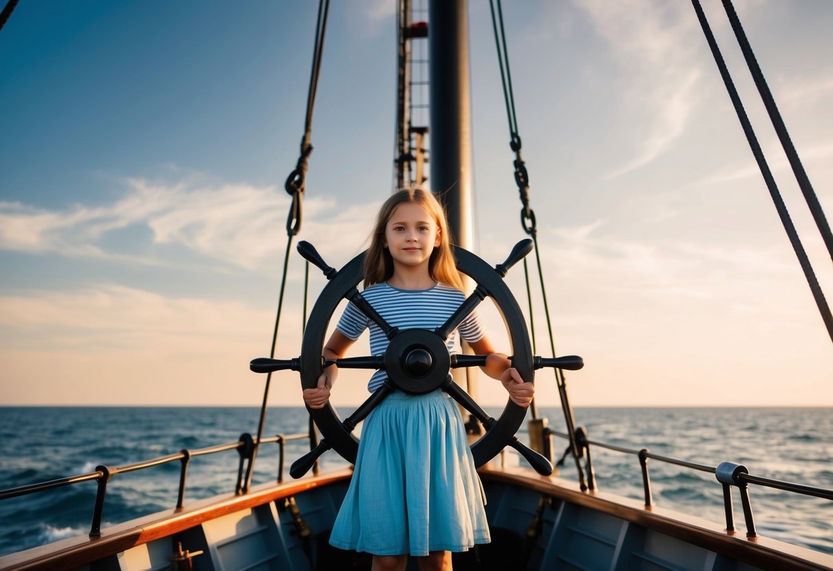 A young girl confidently stands at the helm of a large ship, guiding it through the open sea with determination and skill