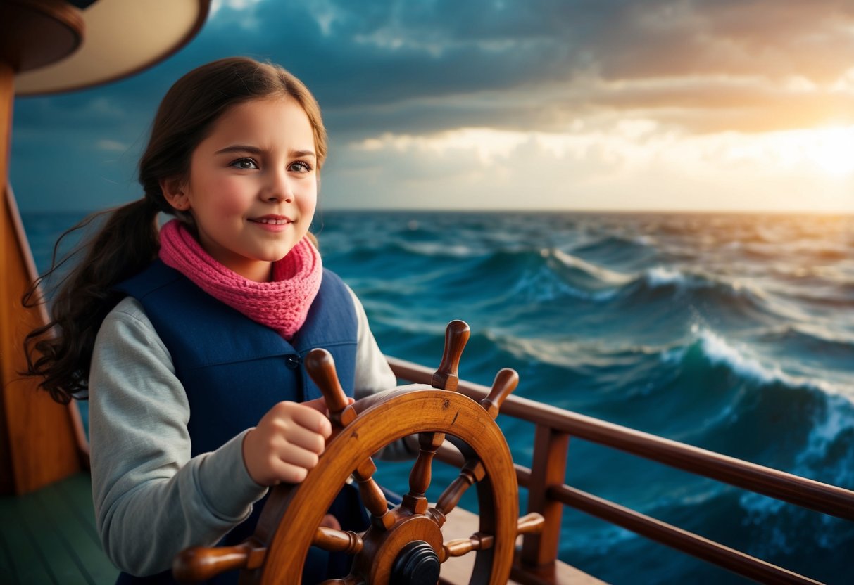 A young girl confidently steers a ship through stormy seas, her determined expression reflecting the challenges she faces as she proves herself as a capable captain