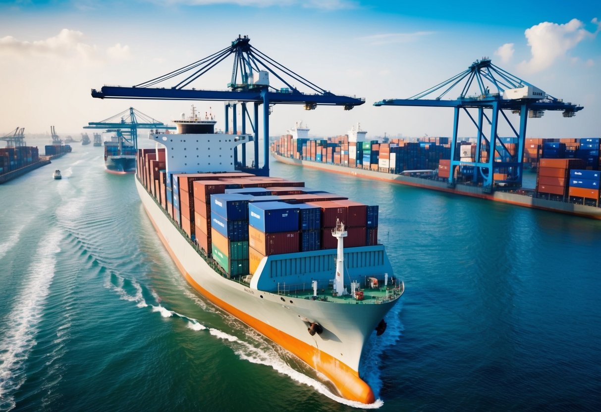 A cargo ship navigating through a busy international port, with cranes loading and unloading containers onto the deck