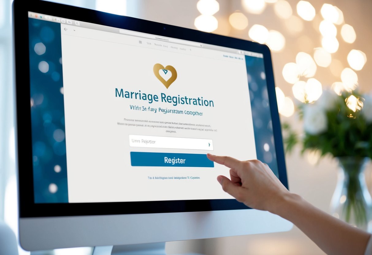 A computer screen displaying a marriage registration website with a cursor clicking on the "register" button