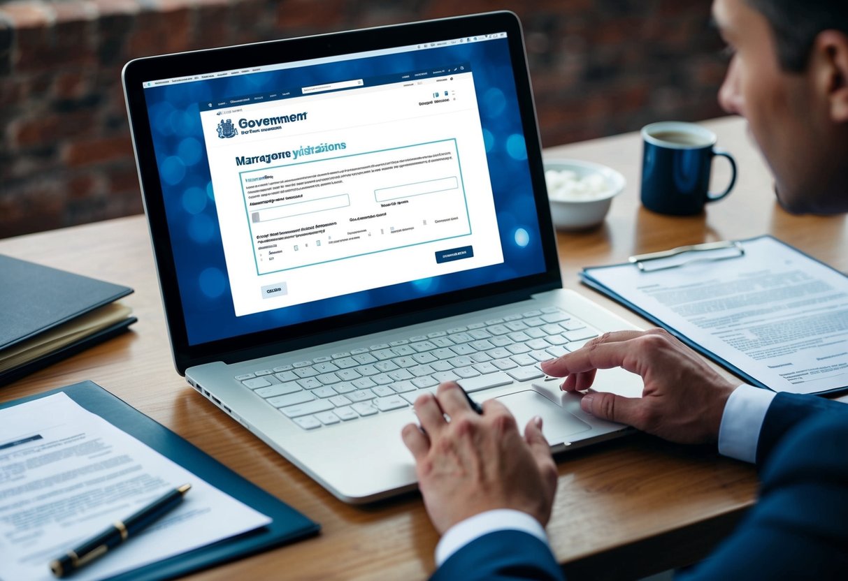 A computer screen displaying a UK government website with a marriage registration form open, surrounded by legal documents and a pen