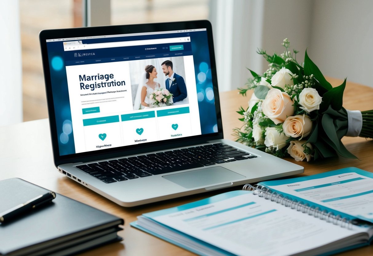 A laptop open on a desk with a marriage registration website on the screen, surrounded by wedding planning books and a bouquet of flowers