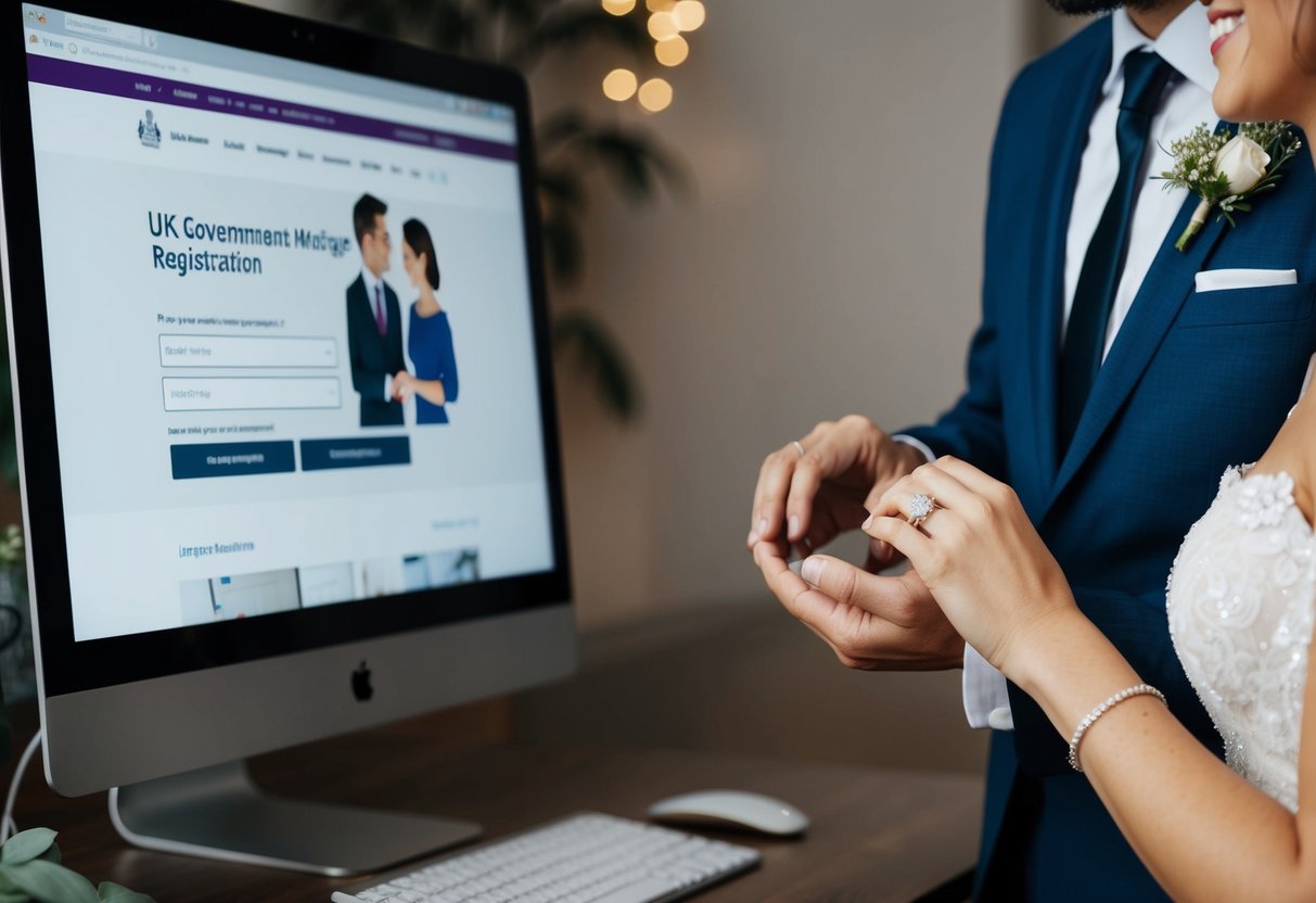 A couple exchanging wedding rings in front of a computer screen displaying a UK government website for marriage registration