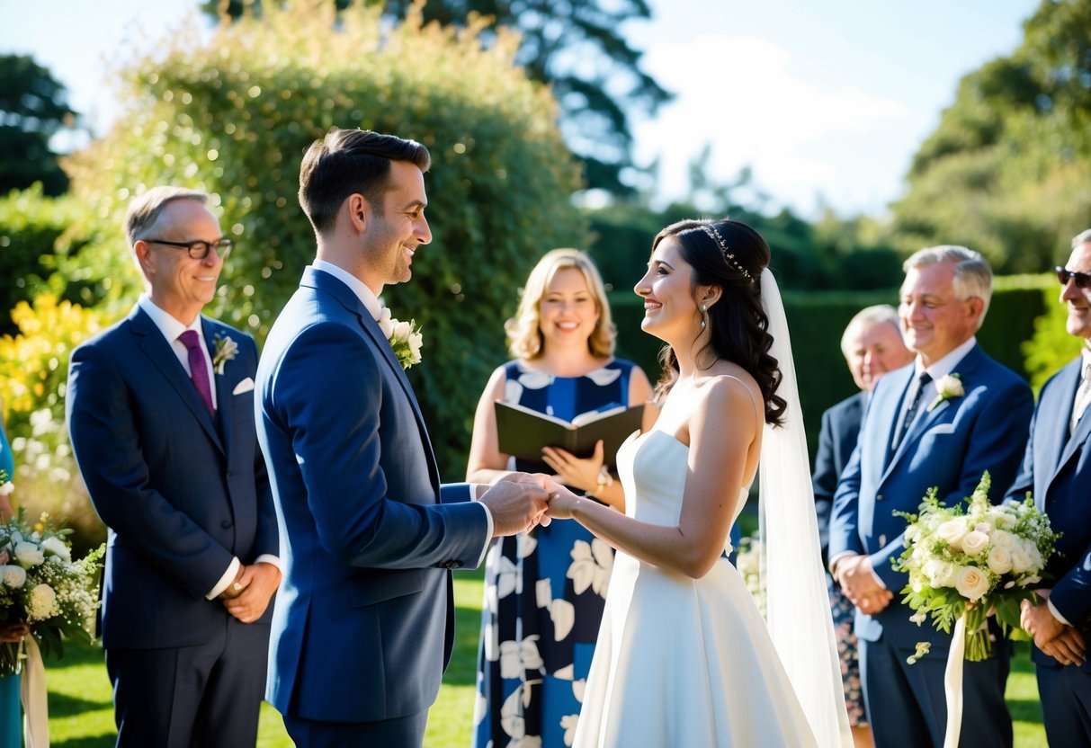 A couple exchanging vows in a sunlit garden, surrounded by family and friends, with a humanist celebrant officiating