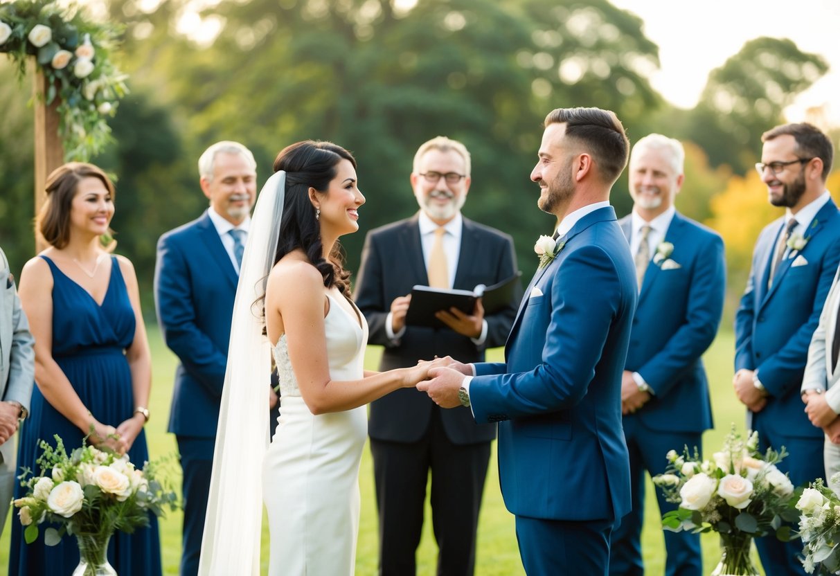 A couple standing before a celebrant, exchanging vows in a non-religious setting with family and friends in attendance