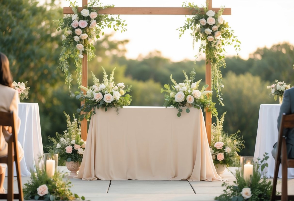 A serene outdoor setting with a simple, elegant altar adorned with flowers and greenery. A warm, natural color palette and soft lighting create a peaceful atmosphere