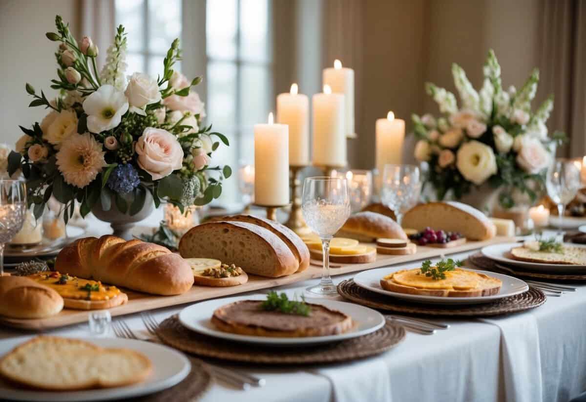 A beautifully set table with a variety of breads, spreads, and toppings, surrounded by elegant floral arrangements and soft candlelight