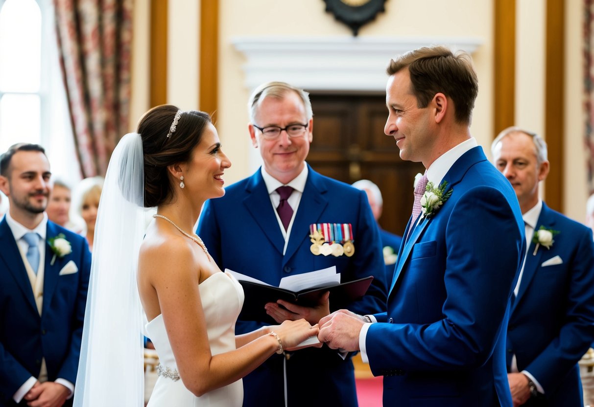 A couple standing before a government official, exchanging vows in a traditional UK wedding ceremony