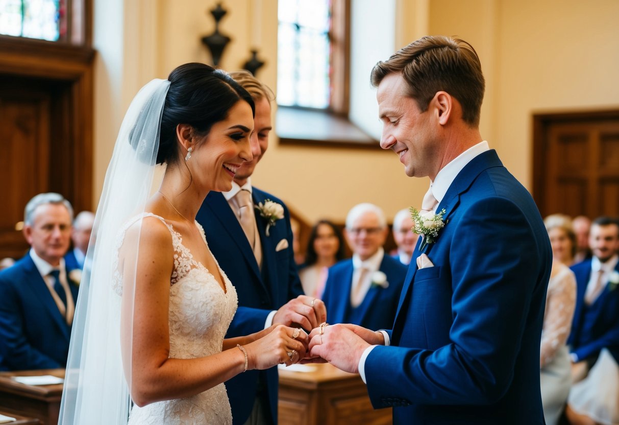 A couple exchanging rings at a wedding ceremony in a UK registry office