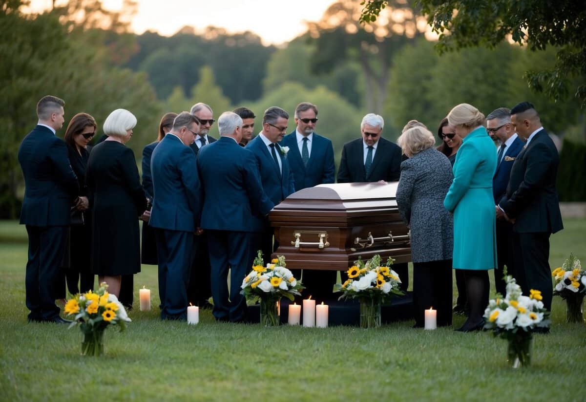 A group of mourners gather around a casket in a serene outdoor setting, with flowers and candles placed around the area