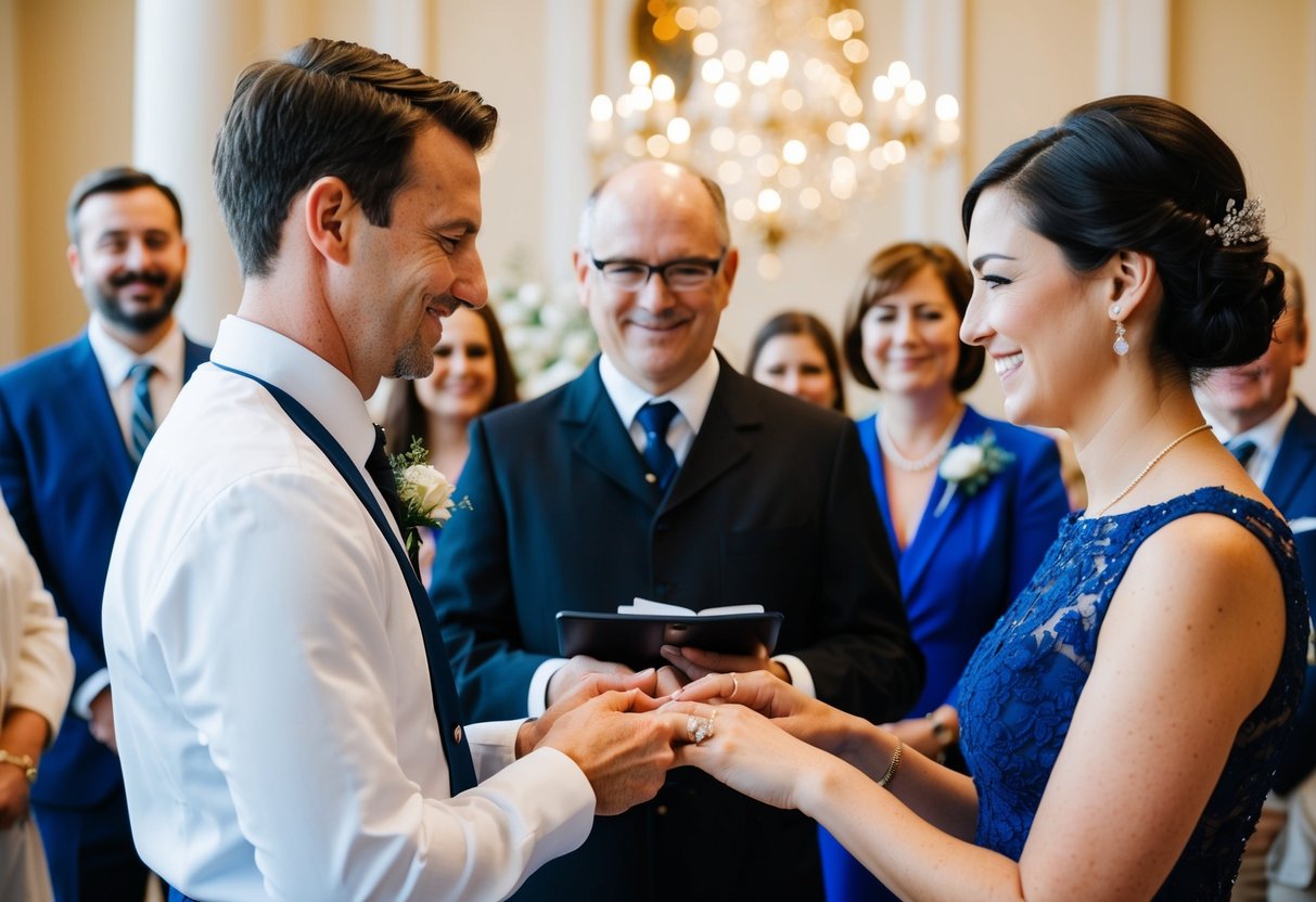 A couple exchanging rings in front of a registrar, surrounded by family and friends
