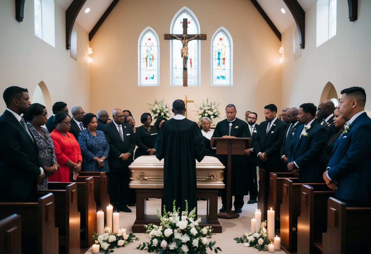 A somber group gathers in a chapel, with a casket at the front and a podium for an officiant. Flowers and candles adorn the space