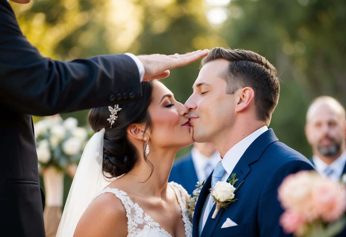 The officiant raises their hands, signaling the couple to kiss. The couple leans in, their faces close, ready to share their first kiss as a married couple