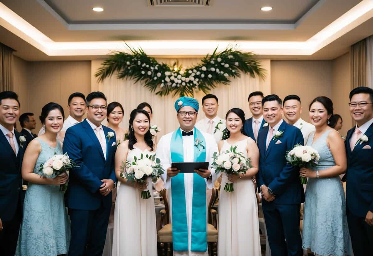 A celebrant stands at the front of a decorated room, surrounded by happy couples