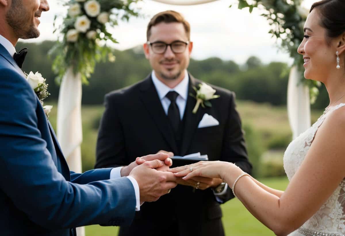 The officiant holds the couple's hands, symbolically uniting them, then pronounces them married, prompting the exchange of rings and a kiss