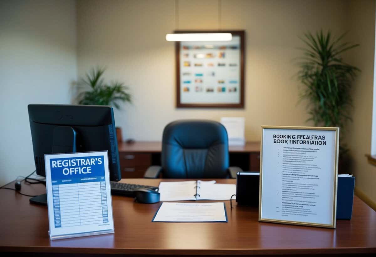 A registrar's office with a desk, computer, and paperwork. A sign with booking information displayed prominently