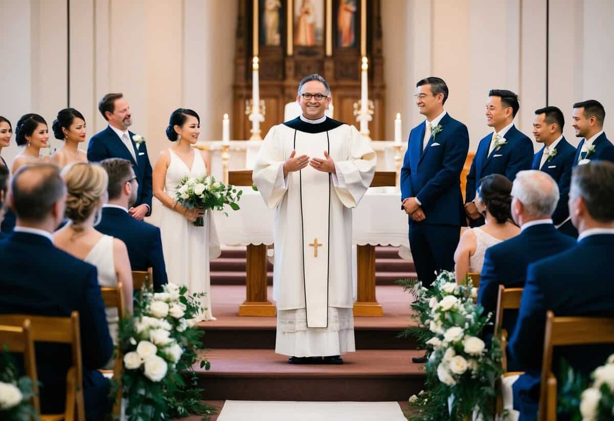 The officiant stands at the altar, facing the newlyweds and the audience, with a serene and confident demeanor, signaling the end of the ceremony