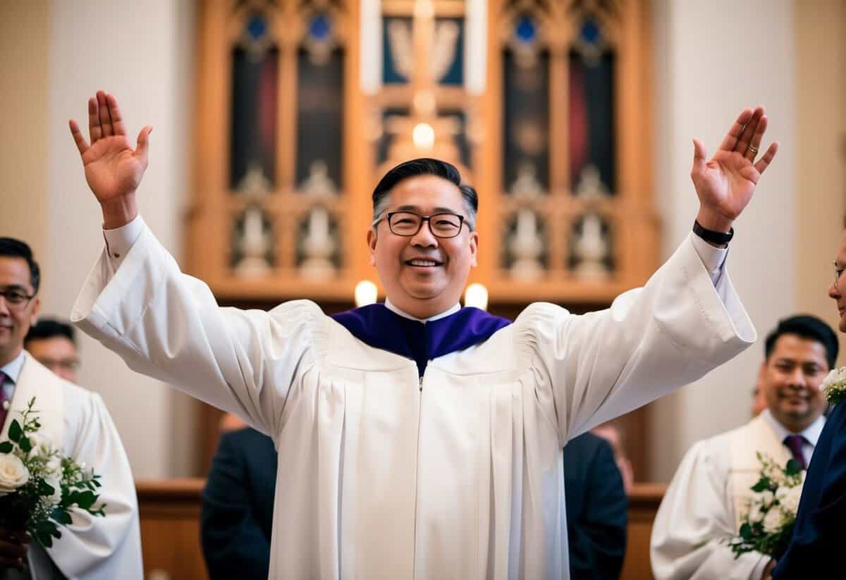 The officiant raises their arms, signaling the end of the ceremony