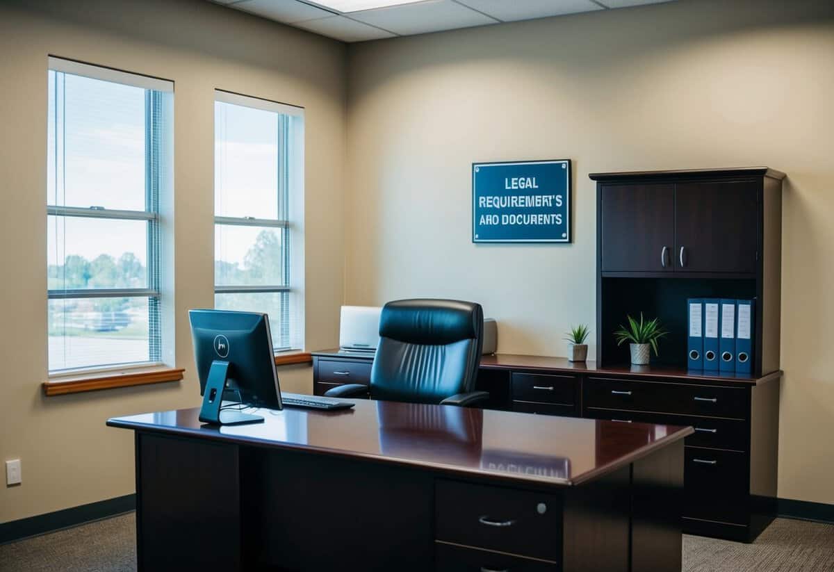 A registrar's office with a desk, computer, and filing cabinet. A sign displays "Legal Requirements and Documents."