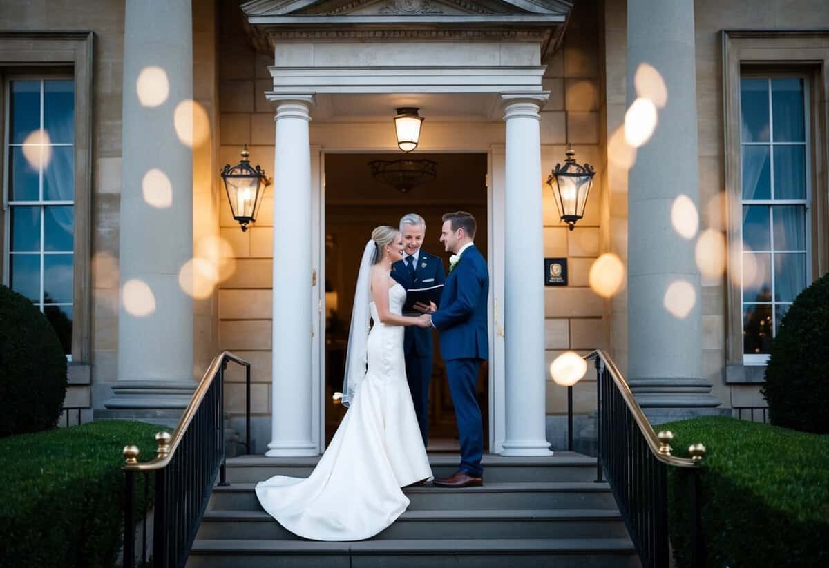 A couple stands at the entrance of a stately building, discussing with an official about booking a registrar for their wedding