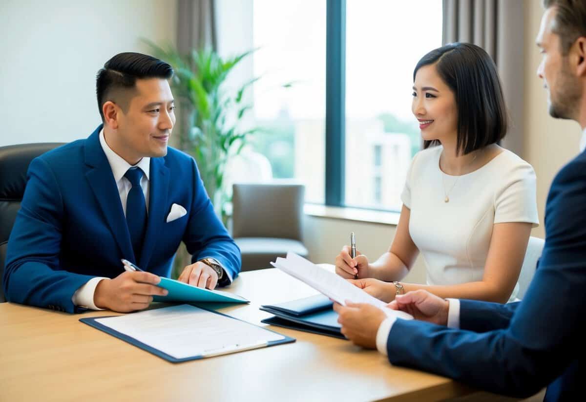 A couple sits across from a registrar at a desk, discussing wedding details. The registrar holds a pen and notebook, while the couple looks through paperwork