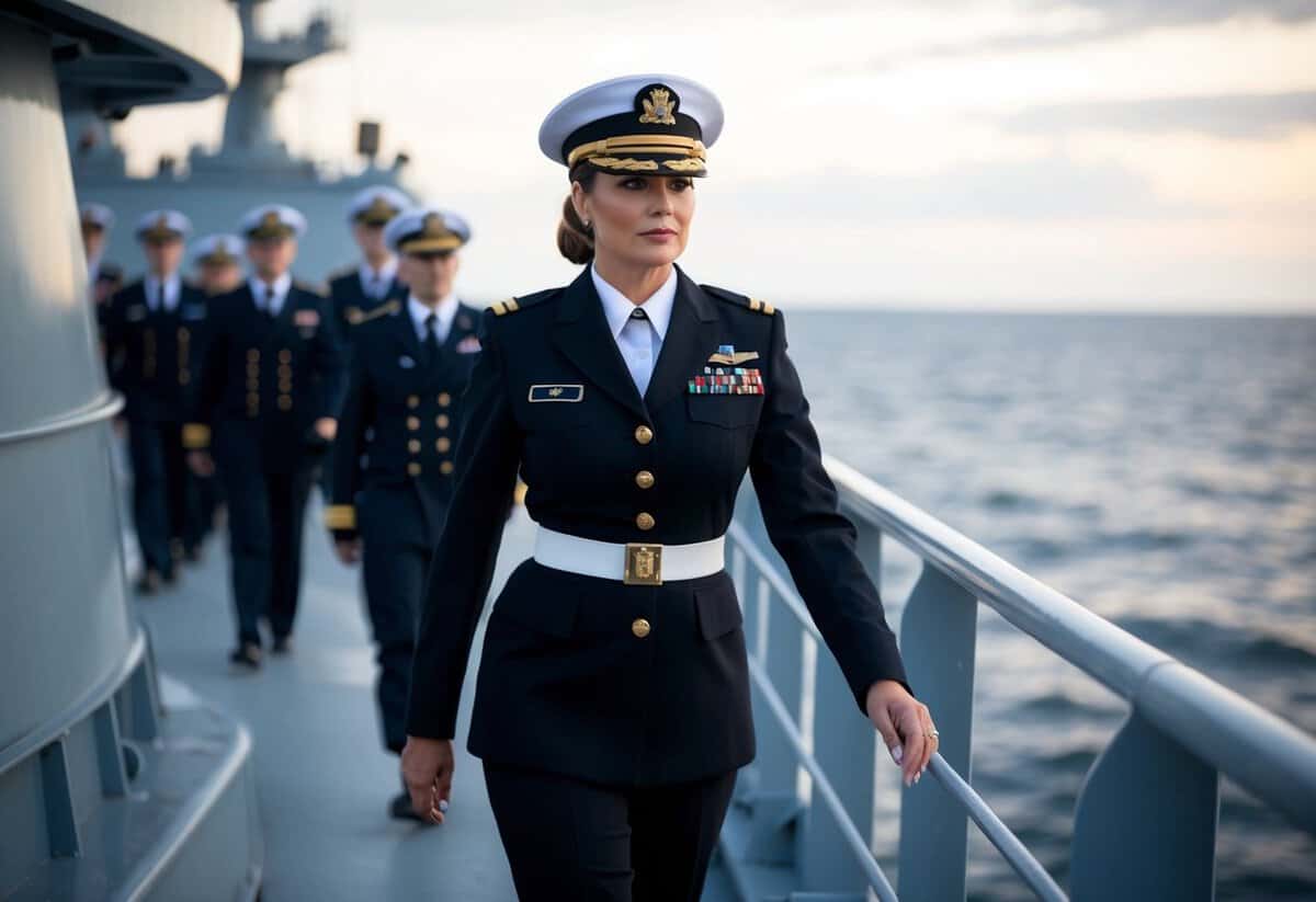 A woman in a naval uniform confidently leads a group of officers aboard a ship, her gaze fixed on the horizon