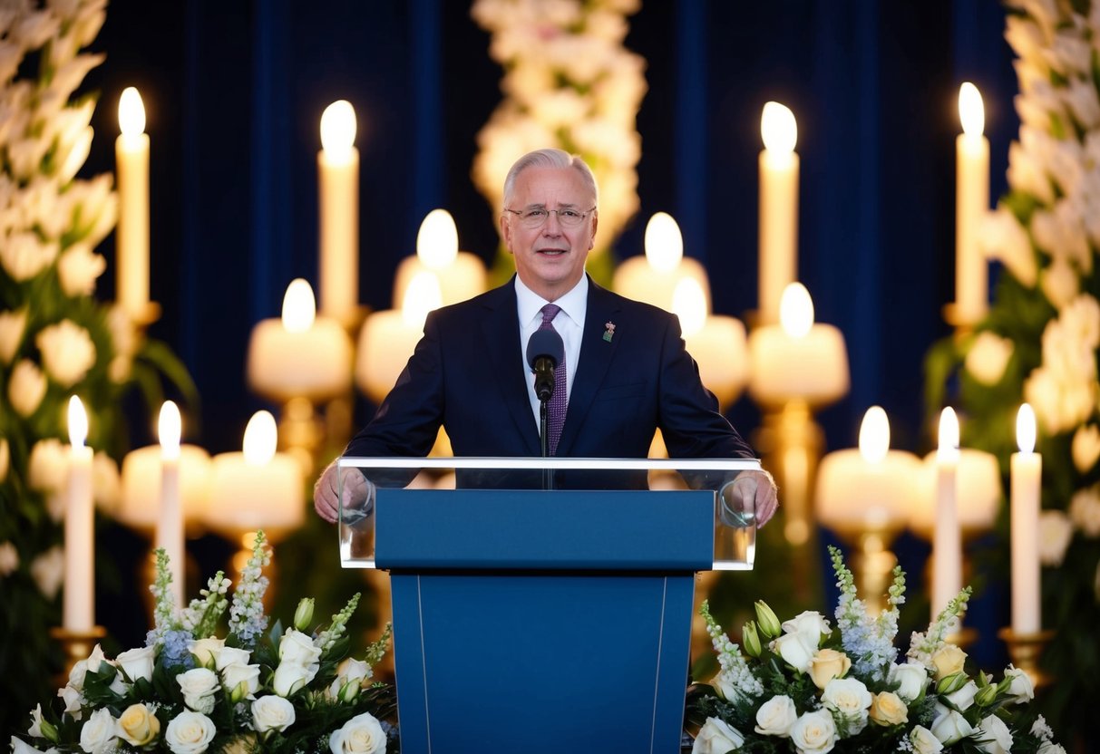 A figure stands at a podium, surrounded by flowers and candles, speaking into a microphone
