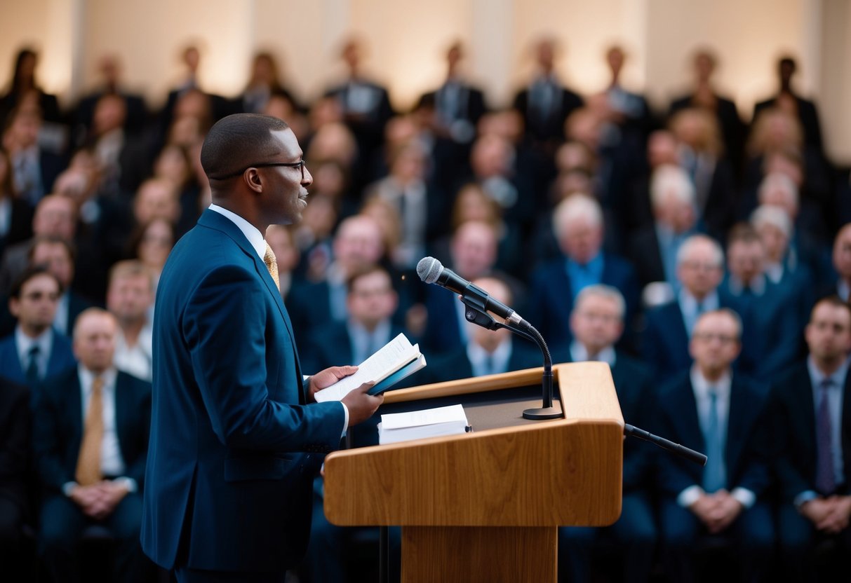 A person standing at a podium in front of a crowd, holding a book or paper, speaking into a microphone