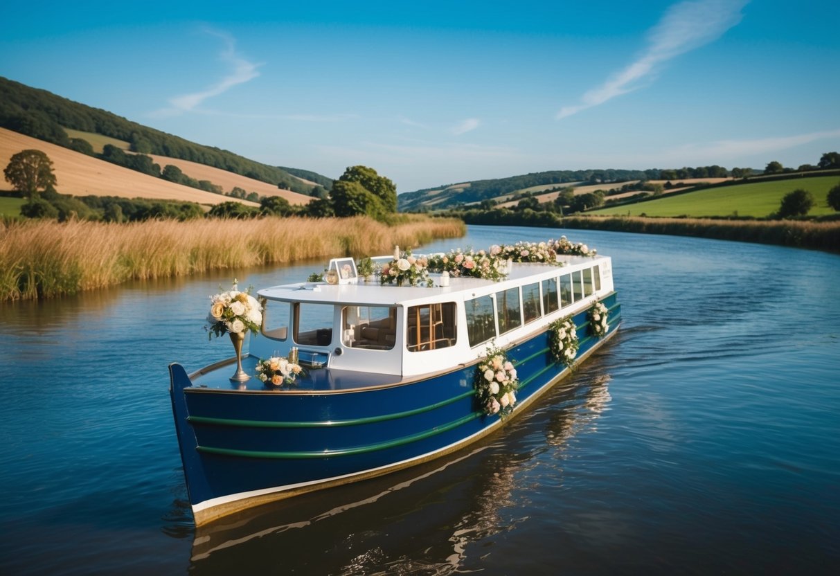 A boat adorned with wedding decorations, floating on a serene UK river with a picturesque backdrop of rolling hills and a clear blue sky