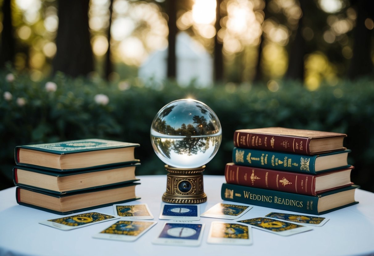 A table with a crystal ball, tarot cards, and a stack of books on wedding readings