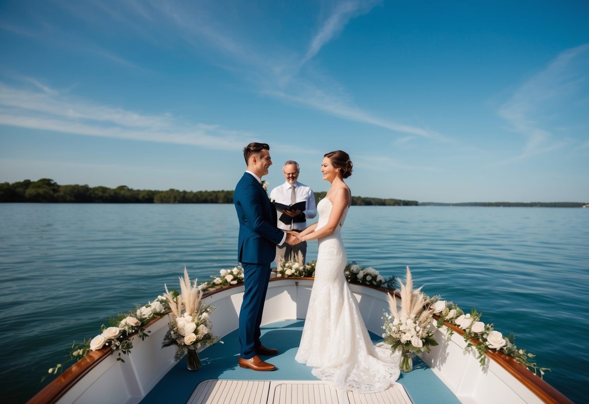 A couple stands on a beautifully decorated boat, surrounded by calm waters and a clear blue sky, exchanging vows as a small group of friends and family looks on