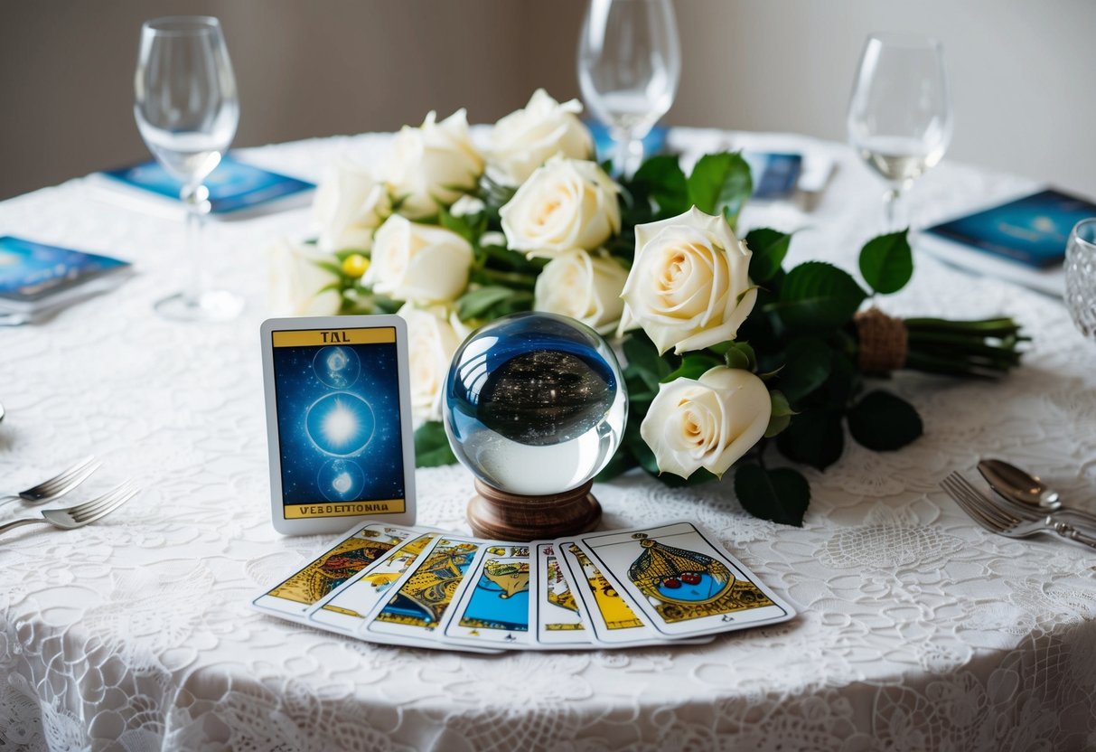 A table set with a white lace tablecloth, adorned with a crystal ball, tarot cards, and a bouquet of white roses