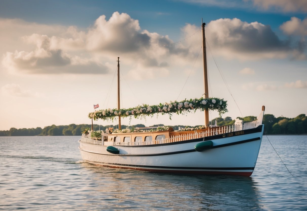 A picturesque boat adorned with wedding decor, floating on calm UK waters