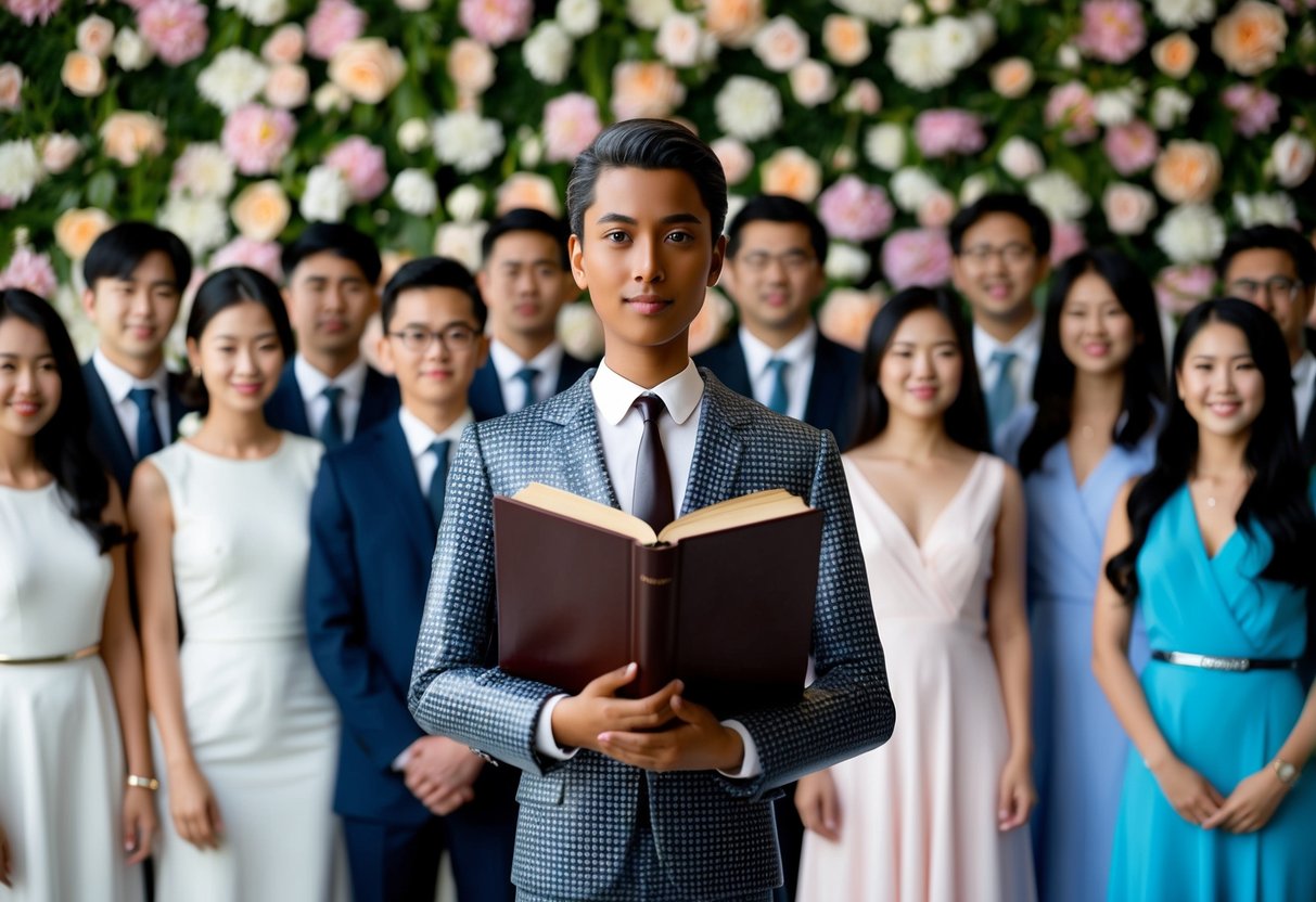 A figure holding a book and standing in front of a floral backdrop, surrounded by a group of people dressed in formal attire