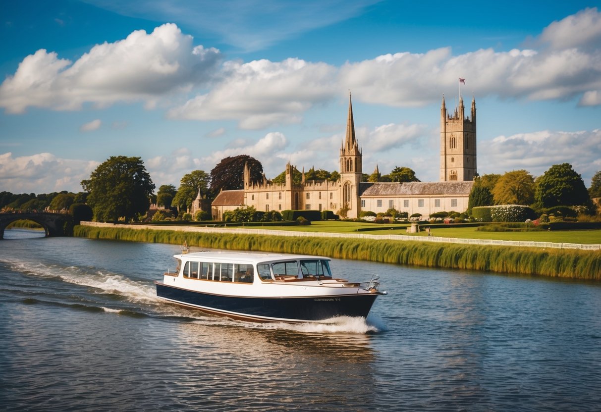 A picturesque boat glides along the serene waters of a UK wedding location, surrounded by charming countryside and historic landmarks