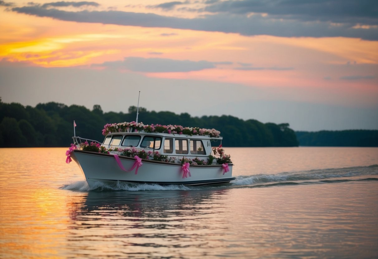 A picturesque boat adorned with flowers and ribbons cruises along a serene lake, with a stunning sunset casting a warm glow over the water
