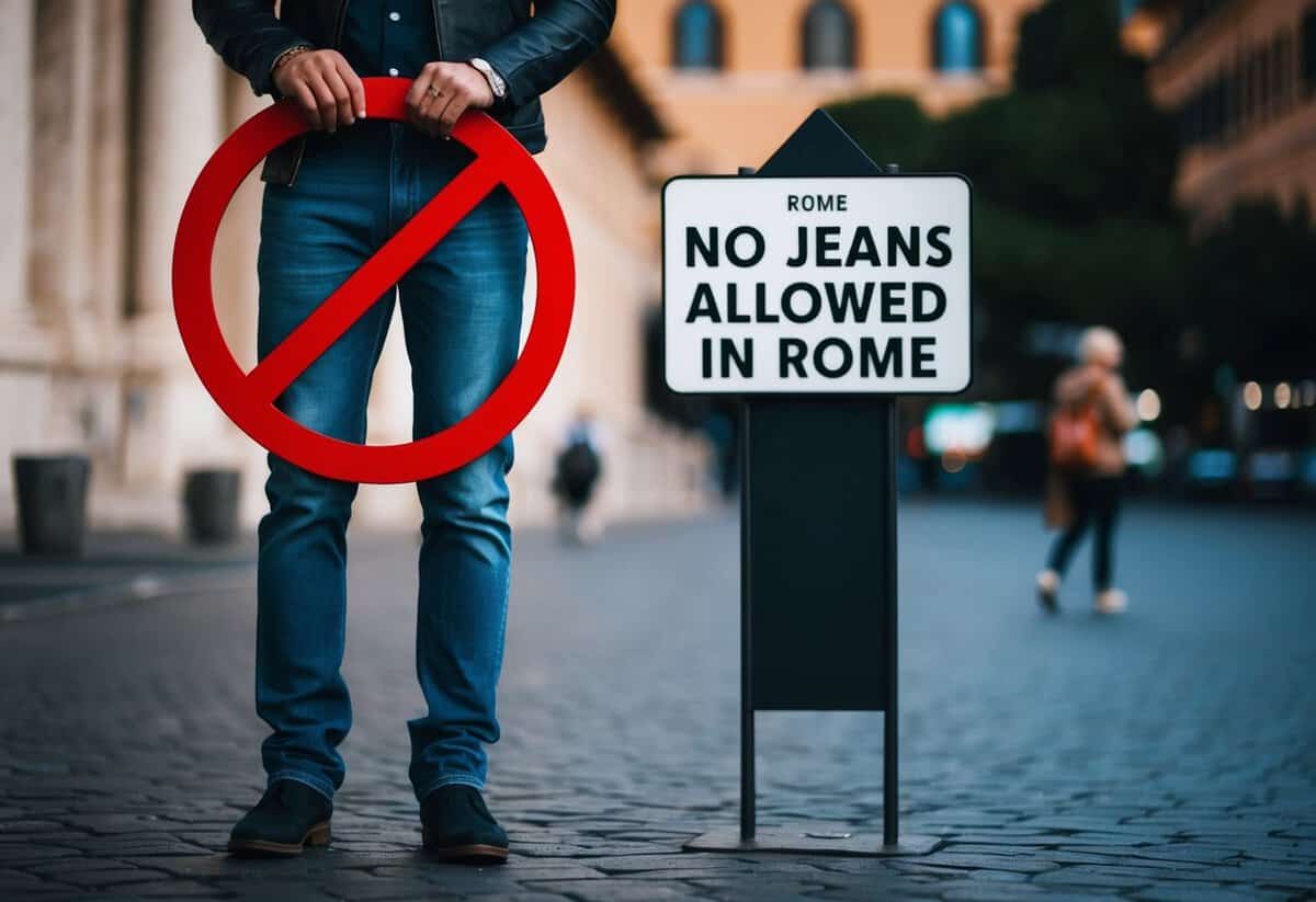 A person wearing jeans standing in front of a sign with a red circle and a line through it, indicating no jeans allowed in Rome