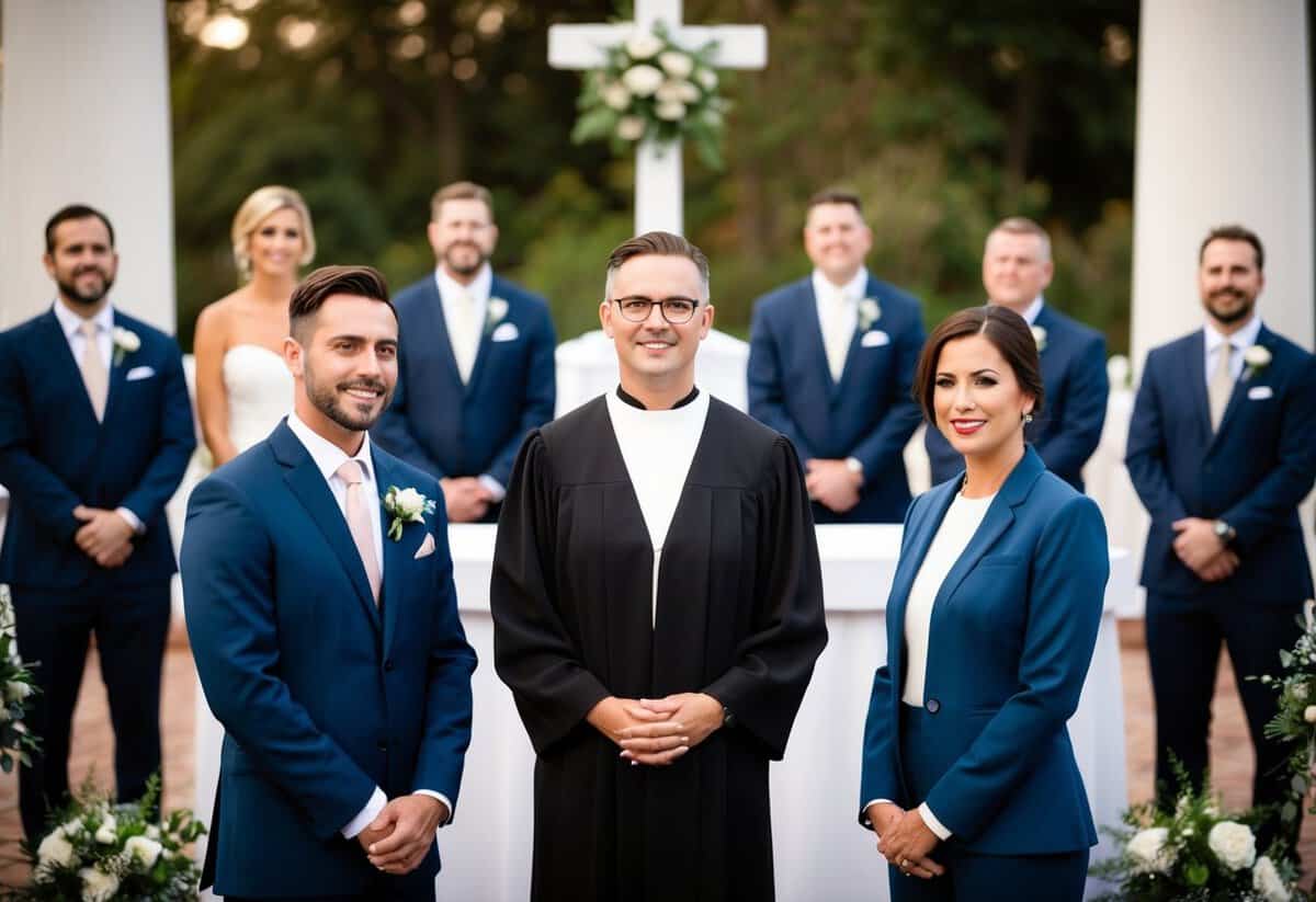A male and female officiant stand in front of a wedding altar. The male officiant wears a suit similar to the groomsmen, while the female officiant wears a professional dress or suit