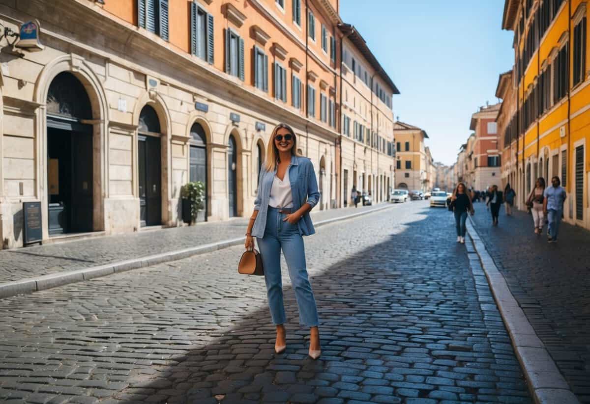 A sunny street in Rome with cobblestone roads, colorful buildings, and locals wearing stylish denim jeans