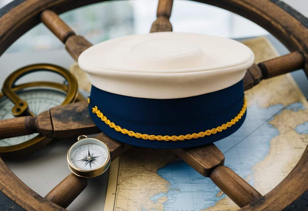 A sailor's hat rests on a weathered wooden wheel, surrounded by nautical charts and a compass