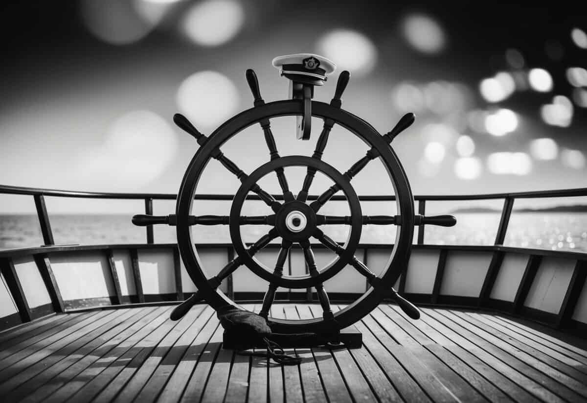 A ship's wheel on a wooden deck, with a captain's hat resting on top