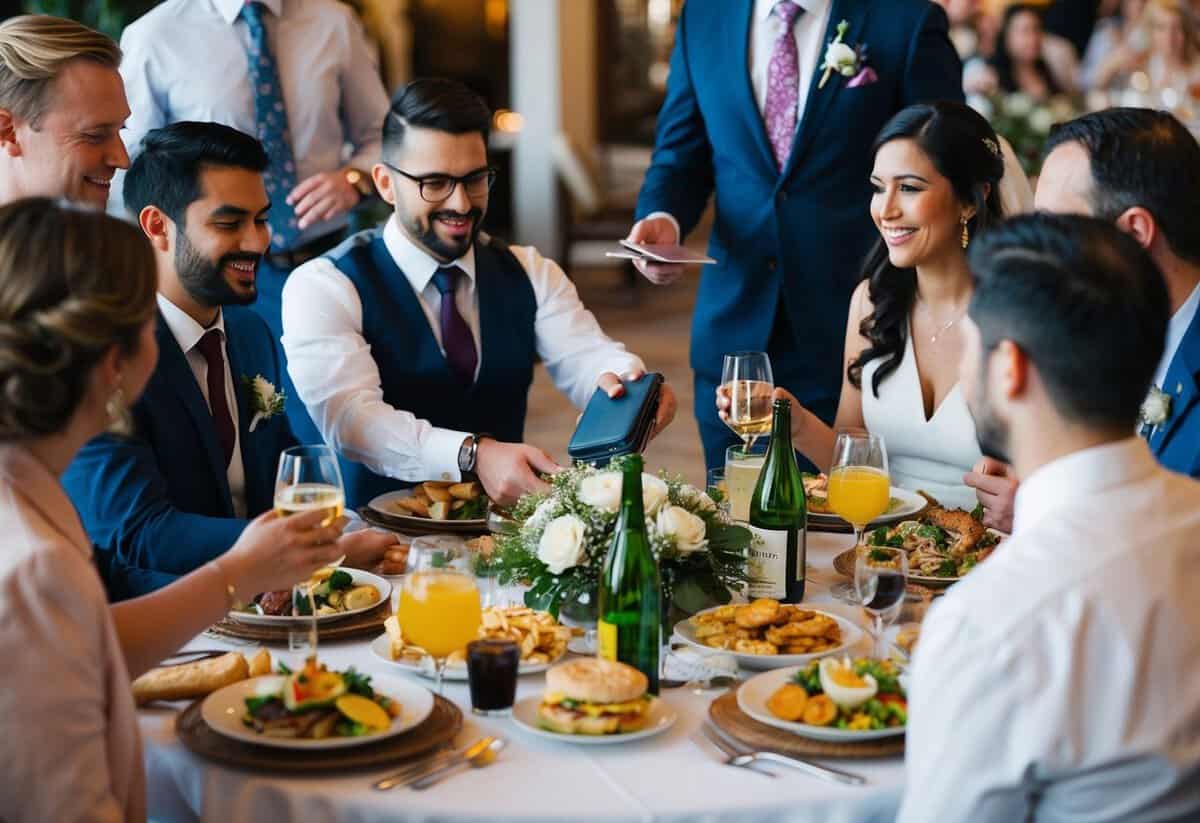 A group of people gather around a table filled with delicious food and drinks. One person is seen reaching for their wallet to pay for the wedding welcome dinner